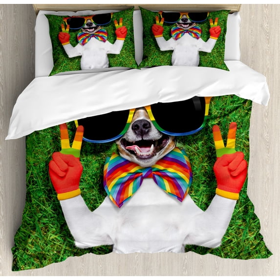 Pride Duvet Cover Set Queen Size, Funny Face Gay Dog Lying on Green Grass with Peace Signs and Giant Sunglasses Humor, Decorative 3 Piece Bedding Set with 2 Pillow Shams, Multicolor, by Ambesonne