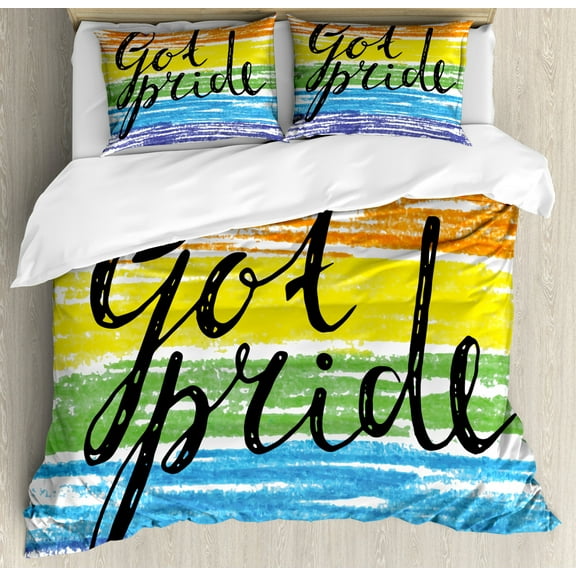 Pride Duvet Cover Set Queen Size, Got Pride Sketchy Hand Written Phrase Grunge Crayon Paint Style International Event, Decorative 3 Piece Bedding Set with 2 Pillow Shams, Multicolor, by Ambesonne
