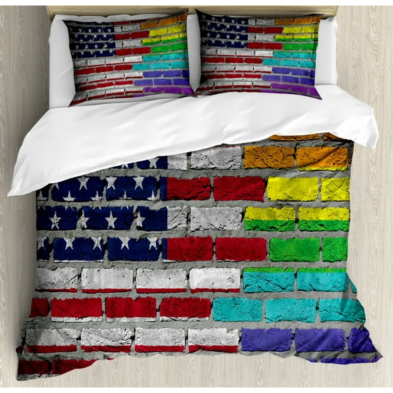 Pride Duvet Cover Set Queen Size, Grunge Dark Brick Wall Background with American and Rainbow Flag Painted Together, Decorative 3 Piece Bedding Set with 2 Pillow Shams, Multicolor, by Ambesonne