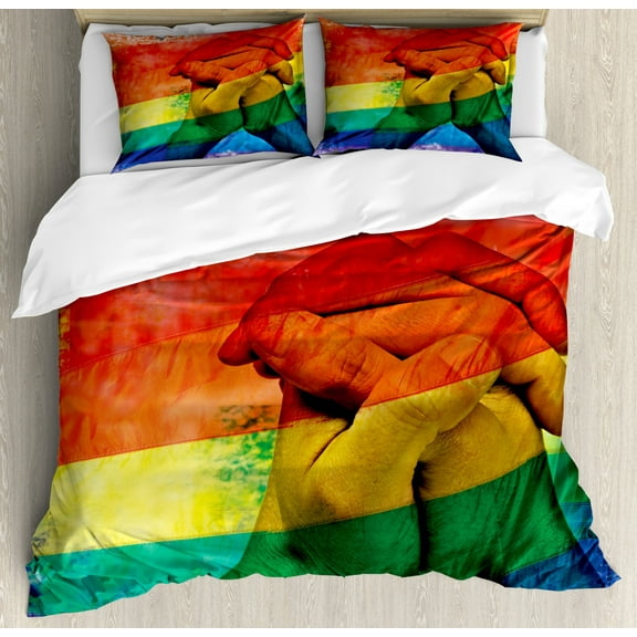 Pride Duvet Cover Set Queen Size, Hands of Young Men Put Together on Abstract LGBT Parade Flag Love Wins Gay Partners, Decorative 3 Piece Bedding Set with 2 Pillow Shams, Multicolor, by Ambesonne