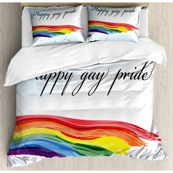Pride Duvet Cover Set Queen Size, Happy Gay Pride with Hand Writing Celebration Theme LGBT Colored Paint Image Print, Decorative 3 Piece Bedding Set with 2 Pillow Shams, Multicolor, by Ambesonne