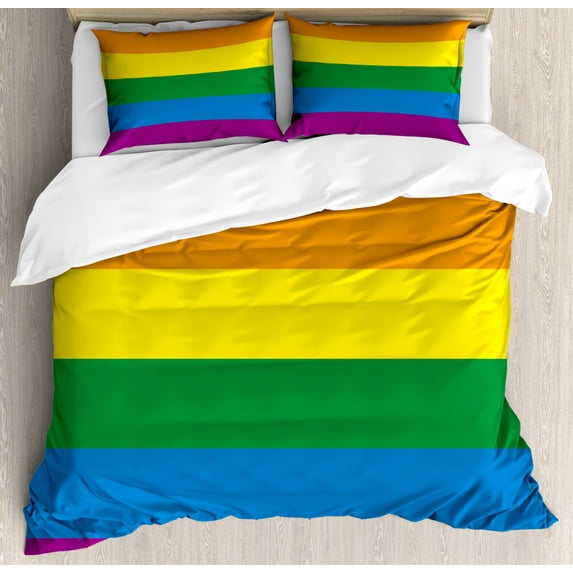 Pride Duvet Cover Set Queen Size, Horizontal Rainbow Colored Flag of Gay Parade Freedom Equality Love Passion Theme, Decorative 3 Piece Bedding Set with 2 Pillow Shams, Multicolor, by Ambesonne