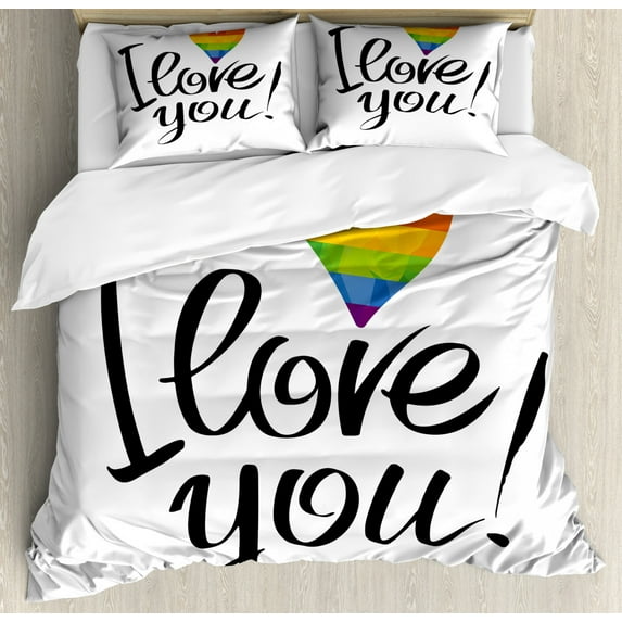Pride Duvet Cover Set Queen Size, I Love You Letters with Polygonal Effect Rainbow Color Heart Gay Lesbian Couples, Decorative 3 Piece Bedding Set with 2 Pillow Shams, Multicolor, by Ambesonne