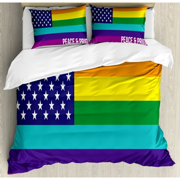 Pride Duvet Cover Set Queen Size, Mixed Flag Design American and LGBT Gay Lesbian Parade Rainbow Peace and Pride Themed, Decorative 3 Piece Bedding Set with 2 Pillow Shams, Multicolor, by Ambesonne