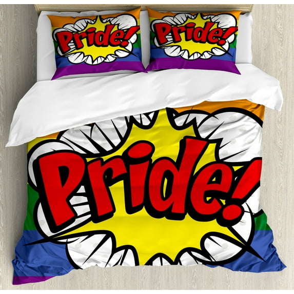 Pride Duvet Cover Set Queen Size, Pop Art Style Comic Book Icon Pride Hand Lettering Effect and Rainbow Flag Image, Decorative 3 Piece Bedding Set with 2 Pillow Shams, Multicolor, by Ambesonne