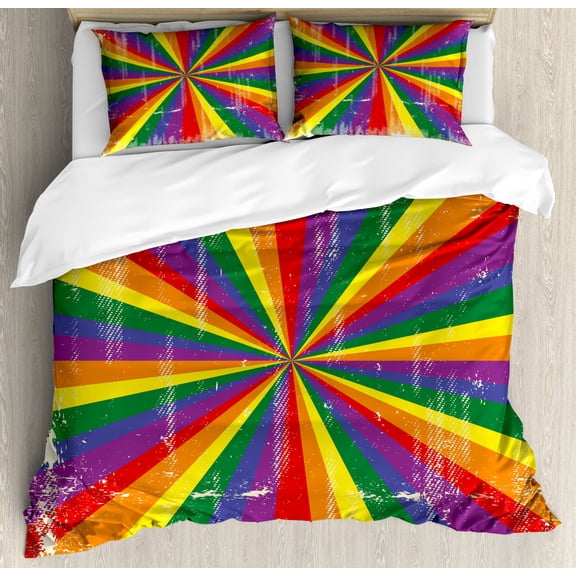 Pride Duvet Cover Set Queen Size, Radial Vintage Style Scratched Backdrop for Homosexual Gay Lesbian Couples Print, Decorative 3 Piece Bedding Set with 2 Pillow Shams, Multicolor, by Ambesonne