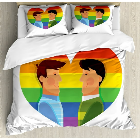 Pride Duvet Cover Set Queen Size, Two Men Smiling Each Other Gay Pride Flag LGBT Rainbow Diversity Homosexual Society, Decorative 3 Piece Bedding Set with 2 Pillow Shams, Multicolor, by Ambesonne