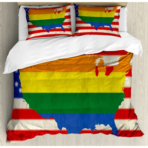 Pride Duvet Cover Set Queen Size, USA American Flag with Rainbow Gay Marriage Nationwide Rights and Equality Theme, Decorative 3 Piece Bedding Set with 2 Pillow Shams, Multicolor, by Ambesonne