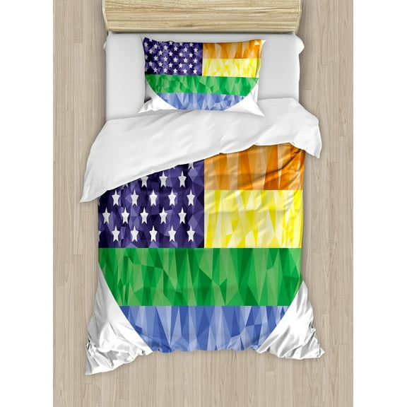 Pride Duvet Cover Set Twin Size, Big Heart Shape and American USA Flag Rainbow with Low Poly Art Effects Gay Rights, Decorative 2 Piece Bedding Set with 1 Pillow Sham, Multicolor, by Ambesonne