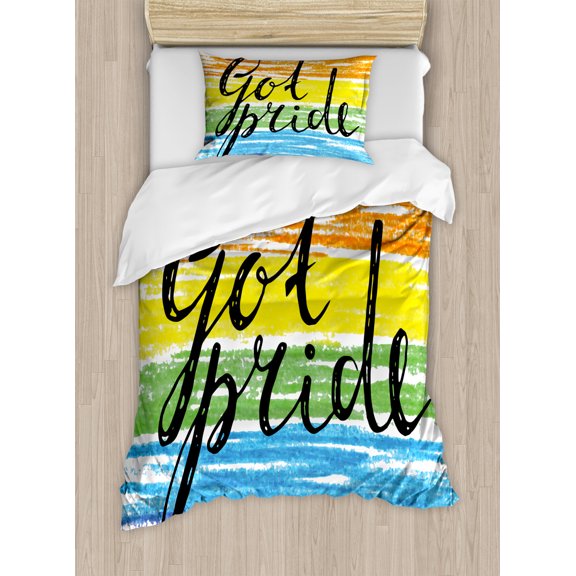 Pride Duvet Cover Set Twin Size, Got Pride Sketchy Hand Written Phrase Grunge Crayon Paint Style International Event, Decorative 2 Piece Bedding Set with 1 Pillow Sham, Multicolor, by Ambesonne