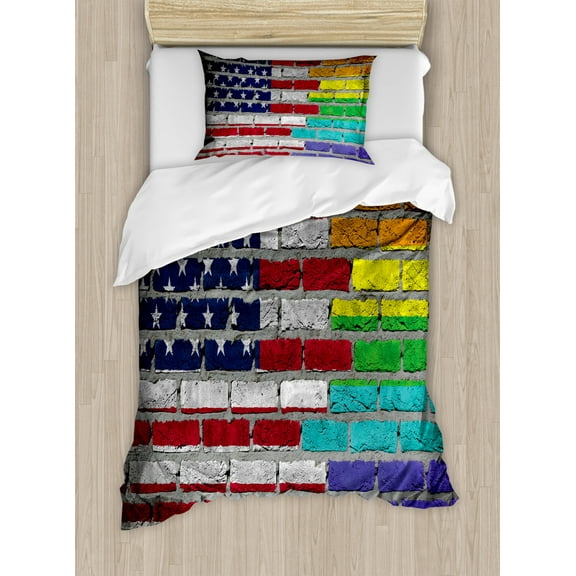 Pride Duvet Cover Set Twin Size, Grunge Dark Brick Wall Background with American and Rainbow Flag Painted Together, Decorative 2 Piece Bedding Set with 1 Pillow Sham, Multicolor, by Ambesonne