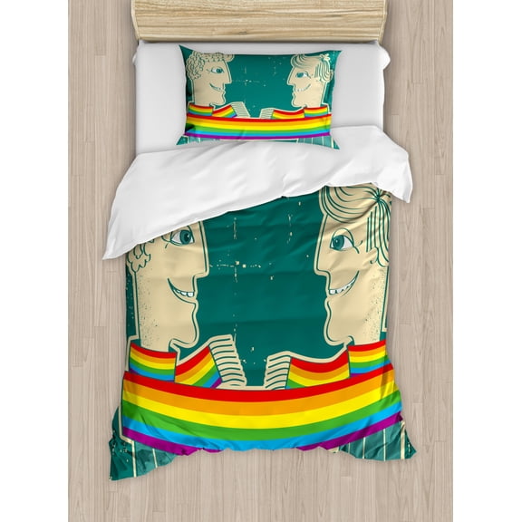 Pride Duvet Cover Set Twin Size, Happy Gay Couple Tied with Rainbow Colored Scarf Holding Hands Romantic Special Day, Decorative 2 Piece Bedding Set with 1 Pillow Sham, Multicolor, by Ambesonne