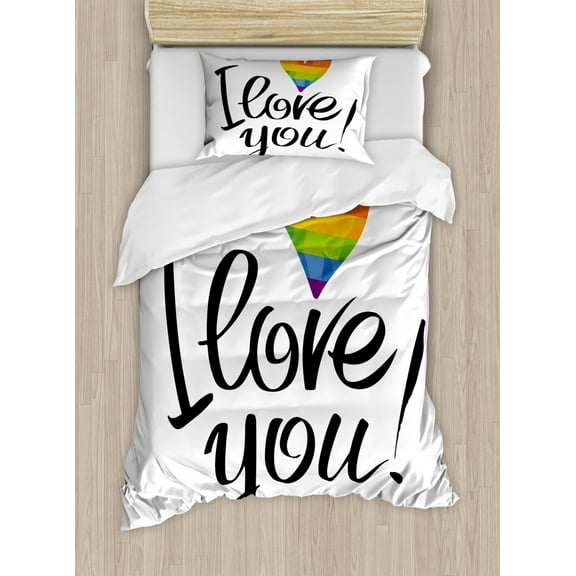 Pride Duvet Cover Set Twin Size, I Love You Letters with Polygonal Effect Rainbow Color Heart Gay Lesbian Couples, Decorative 2 Piece Bedding Set with 1 Pillow Sham, Multicolor, by Ambesonne