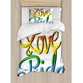 thumbnail image 1 of Pride Duvet Cover Set Twin Size, Love and Pride Text Design Stylized Lettering Calligraphy Rainbow Colors Relationship, Decorative 2 Piece Bedding Set with 1 Pillow Sham, Multicolor, by Ambesonne, 1 of 3