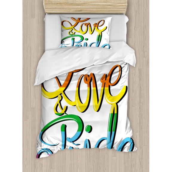 Pride Duvet Cover Set Twin Size, Love and Pride Text Design Stylized Lettering Calligraphy Rainbow Colors Relationship, Decorative 2 Piece Bedding Set with 1 Pillow Sham, Multicolor, by Ambesonne