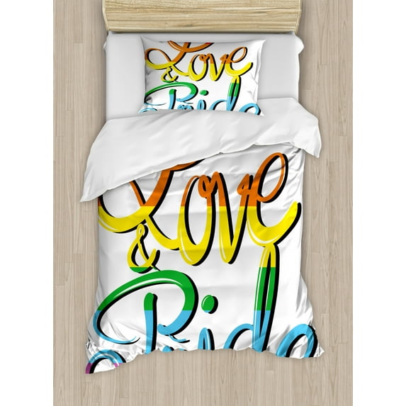 Pride Duvet Cover Set Twin Size, Love and Pride Text Design Stylized Lettering Calligraphy Rainbow Colors Relationship, Decorative 2 Piece Bedding Set with 1 Pillow Sham, Multicolor, by Ambesonne