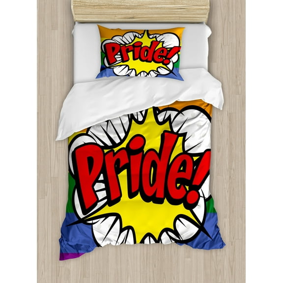 Pride Duvet Cover Set Twin Size, Pop Art Style Comic Book Icon Pride Hand Lettering Effect and Rainbow Flag Image, Decorative 2 Piece Bedding Set with 1 Pillow Sham, Multicolor, by Ambesonne