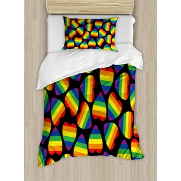 Pride Duvet Cover Set Twin Size, Rainbow Colored Striped Heart Shapes on Black Backdrop Gay Lesbian Love Parade Print, Decorative 2 Piece Bedding Set with 1 Pillow Sham, Multicolor, by Ambesonne