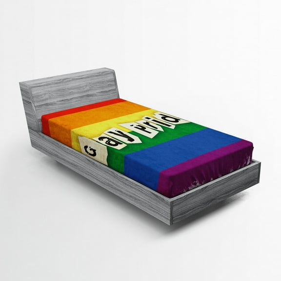 Pride Fitted Sheet, Dated Aged Iconic Rainbow Flag with Gay Pride Typography Retro LGBT Parade Theme, Soft Decorative Fabric Bedding, Twin XL Size, Multicolor, by Ambesonne