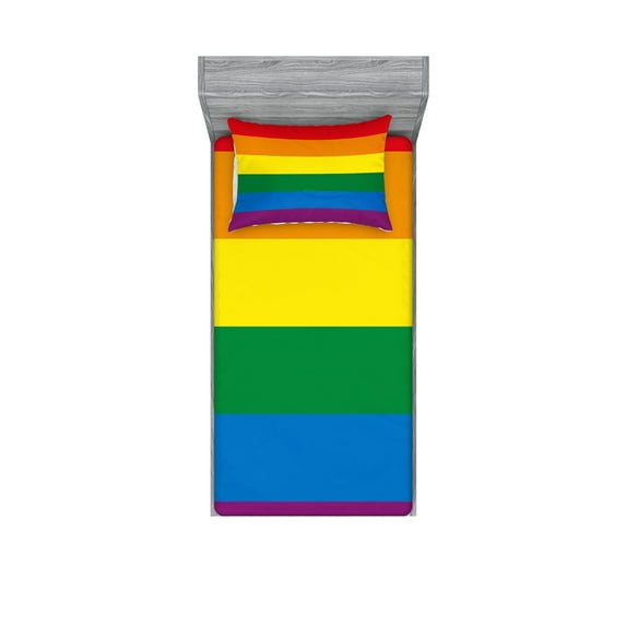 Pride Fitted Sheet & Pillow Sham Set, Horizontal Rainbow Colored Flag of Gay Parade Freedom Equality Love Passion Theme, Decorative Printed 4 Piece Bedding Decor Set, Twin, Multicolor, by Ambesonne