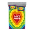 thumbnail image 1 of Pride Fitted Sheet & Pillow Sham Set, Love Wins Celebration Tie Dye Digital Print Backdrop and Rainbow Colors Happiness, Decorative Printed 6 Piece Bedding Decor Set, King, Multicolor, by Ambesonne, 1 of 3