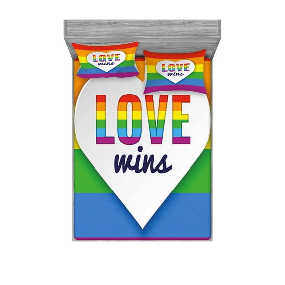 Pride Fitted Sheet & Pillow Sham Set, Rainbow Flag with Stripes Heart with Love Wins Text LGBT Culture Colorful, Decorative Printed 6 Piece Bedding Decor Set, Queen, Multicolor, by Ambesonne