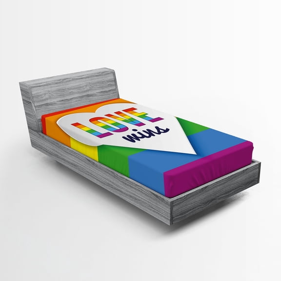 Pride Fitted Sheet, Rainbow Flag with Stripes Heart with Love Wins Text LGBT Culture Colorful, Decorative Soft Bedding All-round Elastic Pocket, Twin Size, Multicolor, by Ambesonne