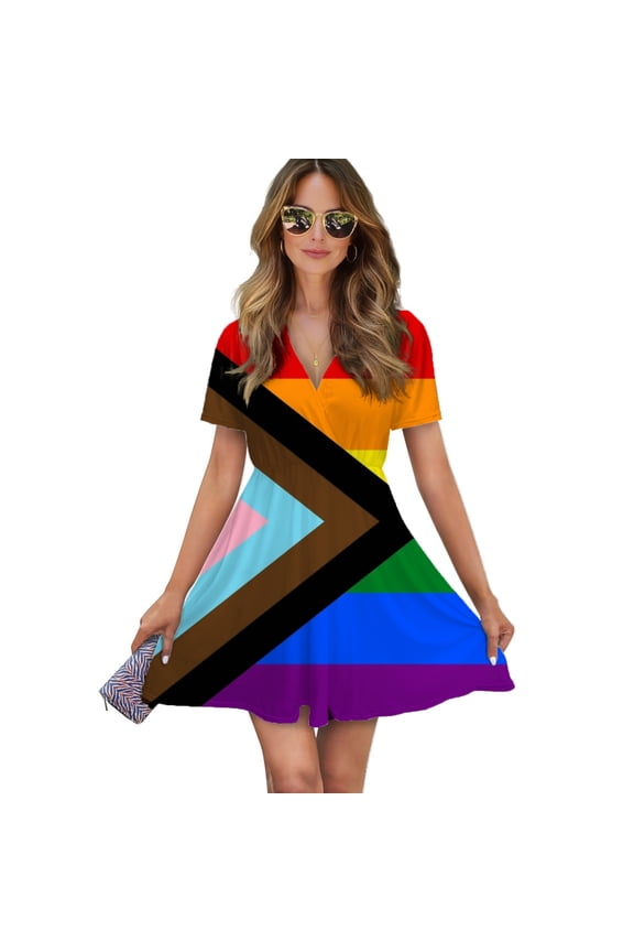 Pride Flag Women Dress V-Neck Short Sleeve Flowy Swing Party Midi Dress
