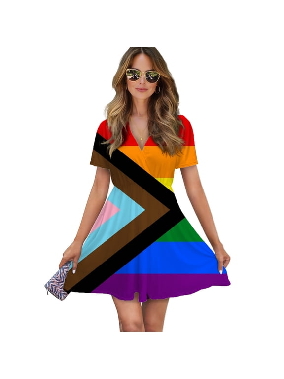Pride Flag Women Dress V-Neck Short Sleeve Flowy Swing Party Midi Dress