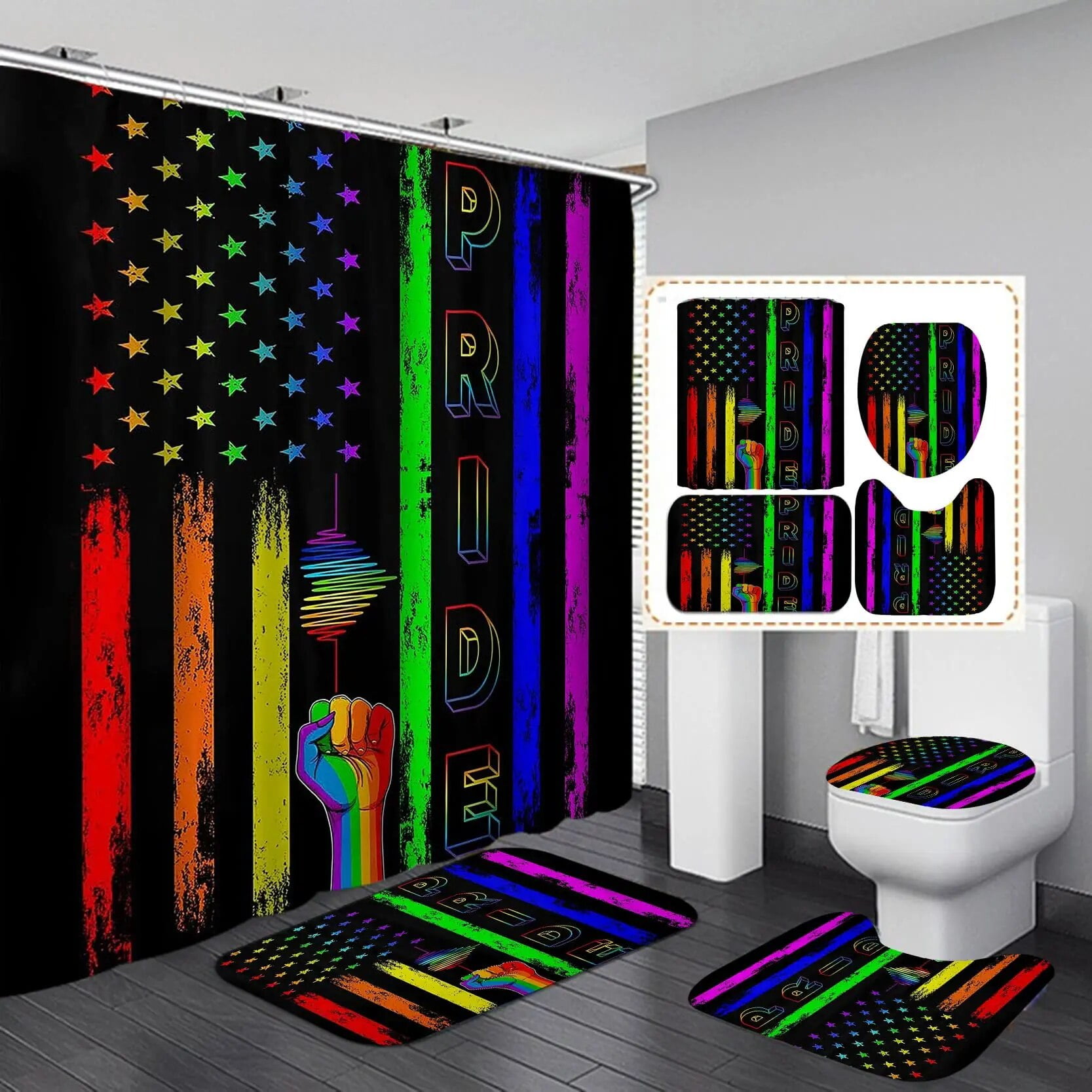 Pride Gay Flag Shower Curtain Set Bath Mat Bathroom Sets Toilet Carpet