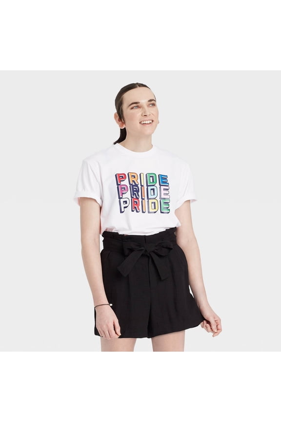 Gender Inclusive Adult 'Pride Pride Pride' Short Sleeve Graphic T-Shirt - White - (Small)