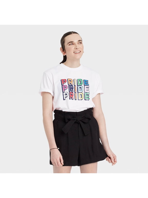 Gender Inclusive Adult 'Pride Pride Pride' Short Sleeve Graphic T-Shirt - White - (Small)