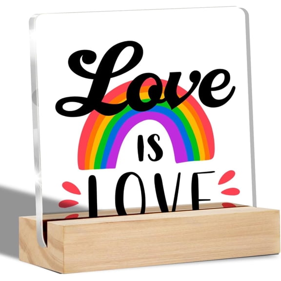 Pride Gifts Love Is Love Clear Desk Decorative Sign LGBT Pride Rainbow Acrylic Sign with Stand LGBTQ Table Plaque Sign Keepsake Equality Art Decor 4x4 Inch