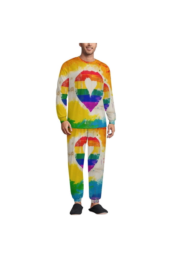 Pride Heart Men's Pajama Set Sleepwear Pjs Lightweight Long Sleeve Crewneck Shirts and Bottoms Soft Comfy Sleep Sets 2XL