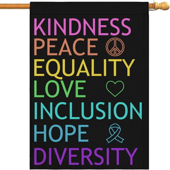 Pride House Flags 28x40 Inch Double Sided, Kindness Peace Equality Love Inclusion Hope Diversity Burlap Vertical Flag for Yard Lawn Spring Summer Fall Winter Outdoor Decoration