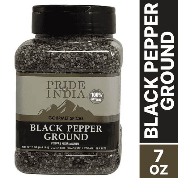 Pride of India Black Pepper Ground Ideal for Gourmet Dishes/ Soups/ Stews/ Rubs Fresh & Preservatives Free Warming Spice Easy to Store 7 oz. Medium Dual Sifter Jar