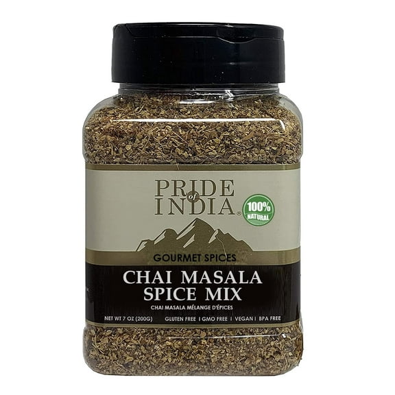 Pride of India | Chai Masala Mulling Spice Mix 6 oz (170 gm) Medium Dual Sifter Jar | Gourmet Spice Mix for Teas & Coffee | Caffeine Free | Authentic Mulling Spice Blend | Vegan & Gluten-Free | Easy