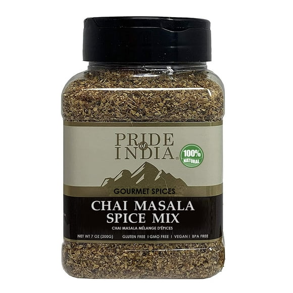 Pride of India  Chai Masala Mulling Spice Mix  Gourmet Spice Mix for Teas & Coffee  Caffeine Free  Authentic Mulling Spice Blend  Vegan & Gluten-Free - Easy to Store  7oz. Medium Dual Sifter Jar