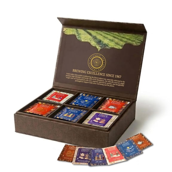 Pride Of India - Classic Tea Chest - 72 Tea Bags Assorted, Hand packed, Perfect for Gifts & Holidays, Caffeinated + Decaf Black, Green & Herbal Tea Mix, Clear View Seethrough Lid Easy to store
