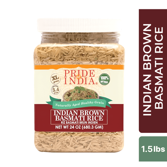 Pride Of India Extra Long Brown Basmati Rice, Naturally Aged Healthy Grain, 1.5 lbs Jar, Gluten-Free