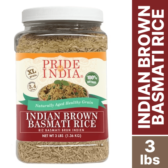 Pride Of India Extra Long Brown Basmati Rice, Naturally Aged Healthy Grain, 3 lbs Jar, Gluten-Free - Non Sticky Aromatic Whole Grain Brown Rice For Rice Bowls, Pilaf And Everyday Cooking