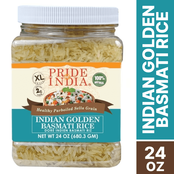 Pride Of India - Extra Long Indian Golden Basmati Rice - Healthy Parboiled Sella Grain, 1.5 Pound Jar