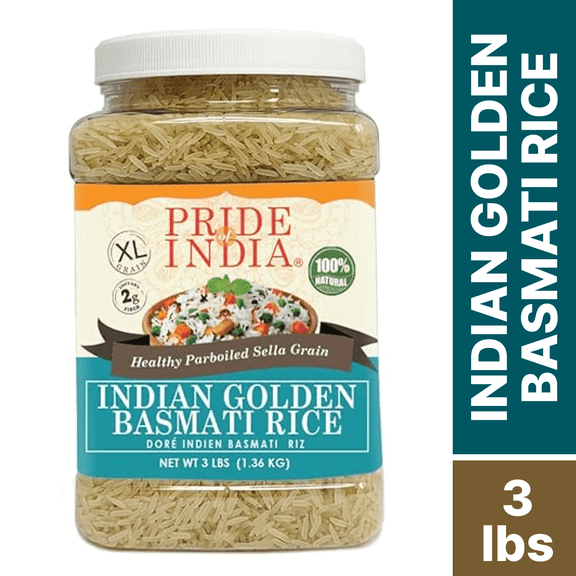 Pride Of India Golden Parboiled Basmati Rice, Extra Long Grain Sella Rice, 3 lbs Jar, Gluten-Free