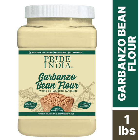 Pride Of India Garbanzo Bean Flour, Gluten Free Chickpea Flour, 1 lb Jar - Earthy Nutty Slightly Sweet Taste Freshly Milled In Small Batches - Used For Baking Cooking Coating Thickening