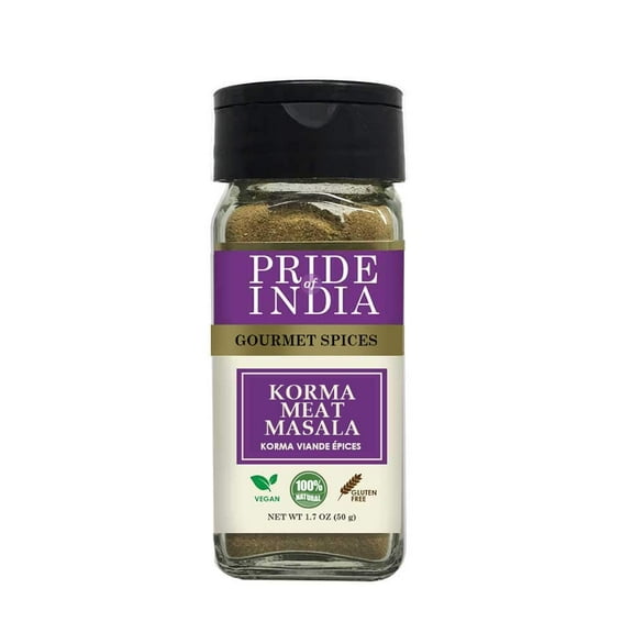 Pride of India Korma Masala for Meat & Lamb | Traditional Indian Curry Powder – Flavorful Garam Masala Blend | Authentic Tikka Masala Style Indian Spices | Easy to Use | 1.7 oz. Small Dual Sifter Bot