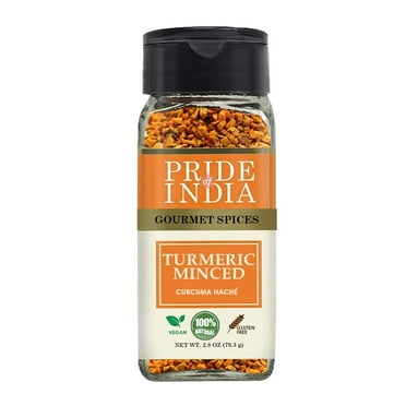 Pride Of India- Gourmet Turmeric Minced Whole- 2.7 oz Small Dual Sifter Jar- An Exquisite Spice, known for its Beautiful Golden Color and Ayurvedic Properties- GMO Free Vegan