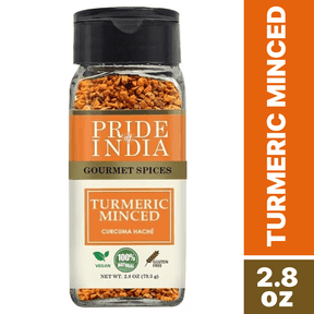 Pride Of India- Gourmet Turmeric Minced Whole- 2.8 oz Small Dual Sifter Jar- An Exquisite Spice, known For Its Beautiful Golden Color and Ayurvedic Properties- GMO Free Vegan