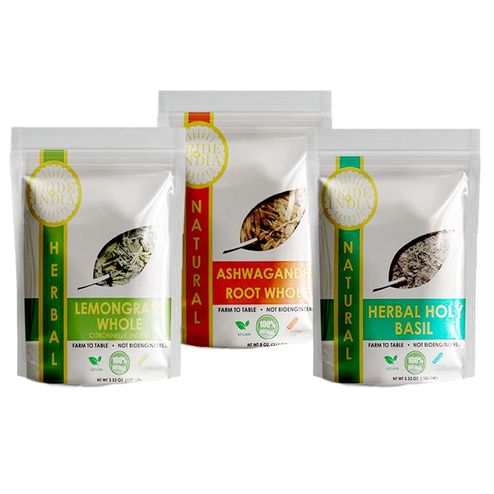Pride of India | Herbal Wellness Pack 15.06 oz (427 gm) | Includes Lemongrass Leaf Tea, Ashwagandha Root Whole & Tulsi/Holy Basil Leaf Tea | Perfect for Smoothies, Soups