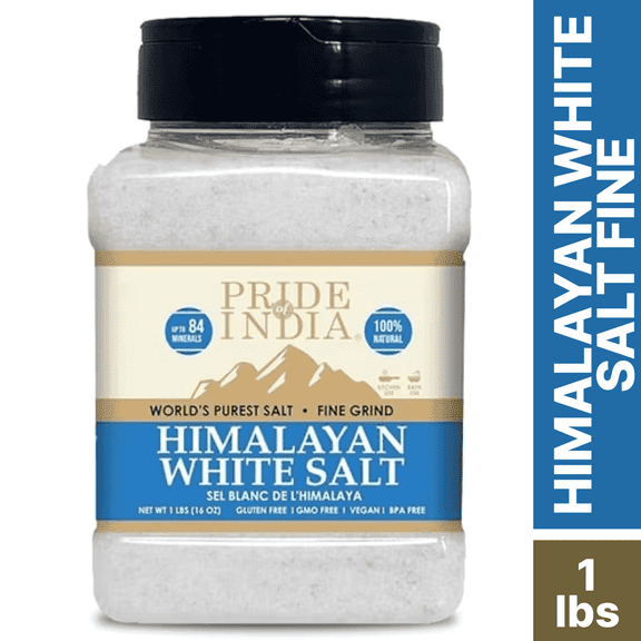Pride of India- Himalayan White Salt Fine Grind 1 lbs - - Rarest & Enriched W/84+ Natural Minerals- Low Sodium- Mineral Rich Nutrition and Enhanced Taste