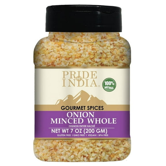 Pride of India- Minced Onion 7 oz (200 gm)- Ready to Use Fresh Onion- Time Saving Sweet & Salty Flavoured Ingredient- Perfect for Ramen, Soups, Meatballs, Marinades, Sauces, Dips & Stews- Gluten Free